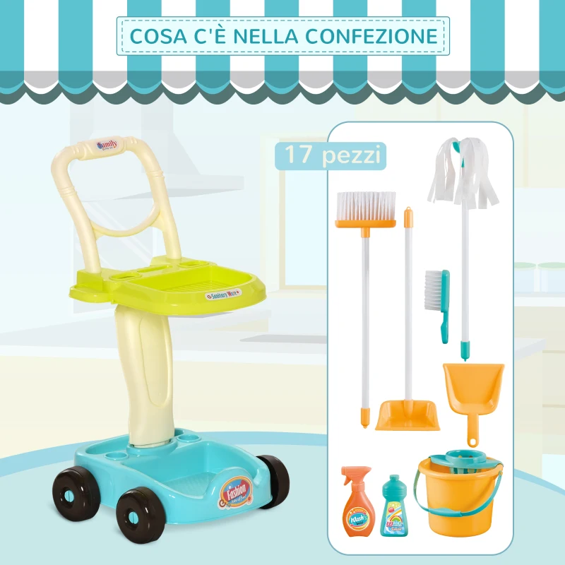 HOMCOM Set Pulizie Giocattolo per Bambini 3-6 Anni con Carrello, Scopa, Secchio e Mocio, 17 Accessori, 30x29x55cm