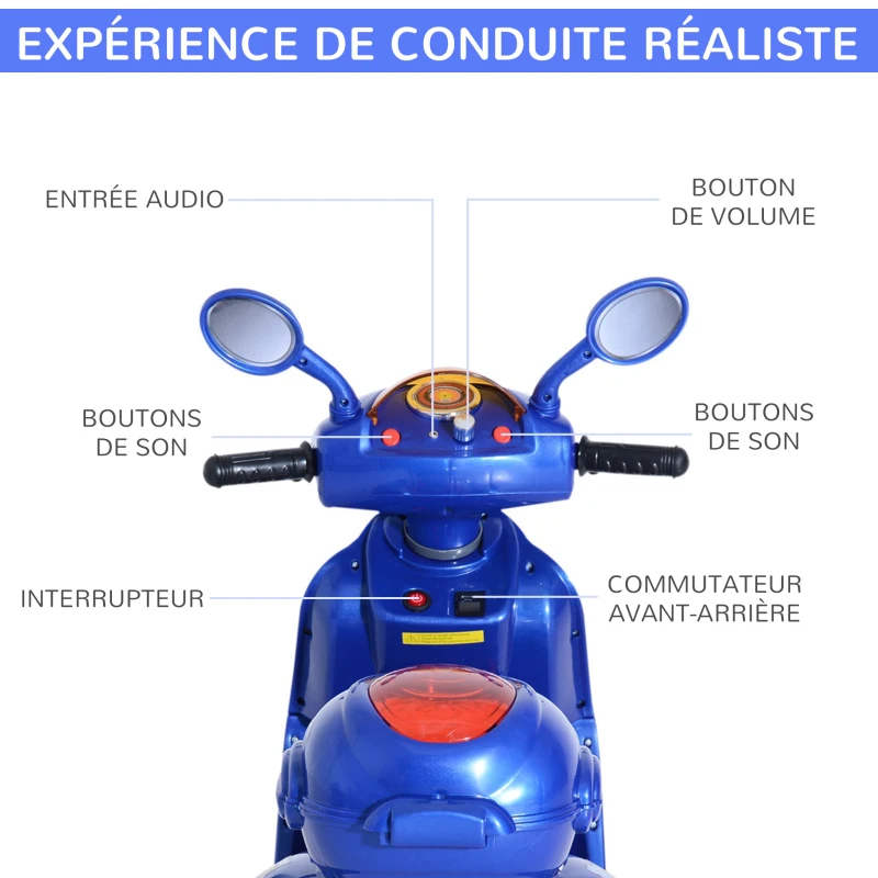 HOMCOM Moto Scooter électrique pour Enfants 6 V env. 3 Km/h 3 Roues et topcase Effet Lumineux et sonore Bleu