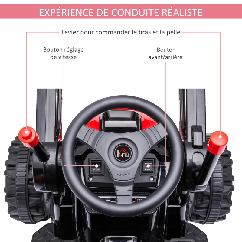 HOMCOM Tracteur électrique Enfant - tractopelle Enfants 6V - V. Max. 2,5 Km/h - Effets Lumineux sonores - Pelle Manuelle - métal PP Noir Rouge