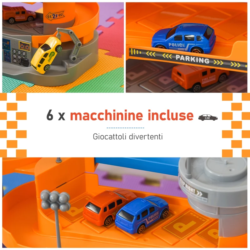 HOMCOM Garage Giocattolo a 3 Livelli con Rampe e Macchinine, Ascensore Manuale o a Batteria, Età 3-6 Anni, 60x22x36cm, Multicolore