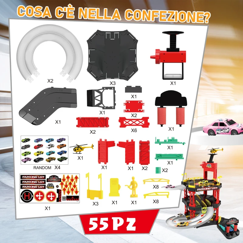 HOMCOM Pista Macchinine su 3 Livelli con 4 Auto 1 Elicottero e Accessori Inclusi per Bambini 3+, Rossa e Nera 62x52x51cm