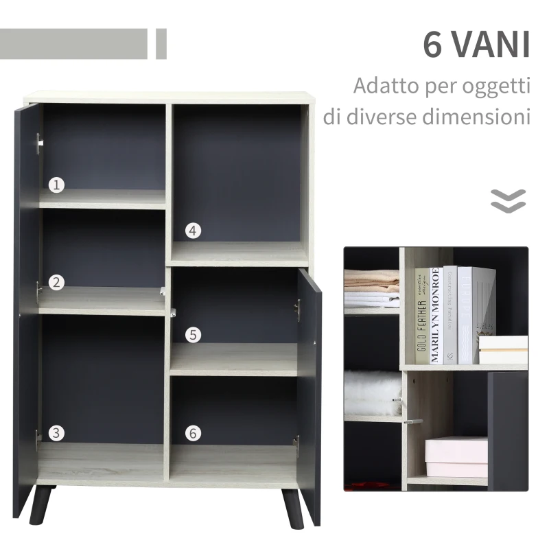 HOMCOM Libreria Moderna in Legno con 2 Ante e Vano Aperto, Mobile Multiuso per Soggiorno, Camera da Letto, Ufficio, Grigio Scuro