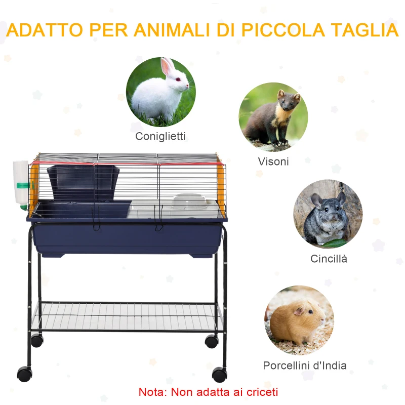 PawHut Gabbia per Conigli Porcellini d'India e Piccoli Animali con Struttura Rialzata, Ruote Girevoli e Accessori Inclusi 78x44x91cm