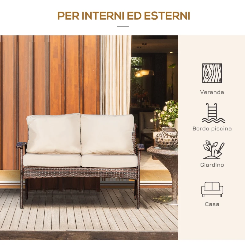 Outsunny Divano da Esterno 2 Posti in Rattan PE, Panchina da Giardino con Cuscini e Braccioli, 120x63x77cm Marrone