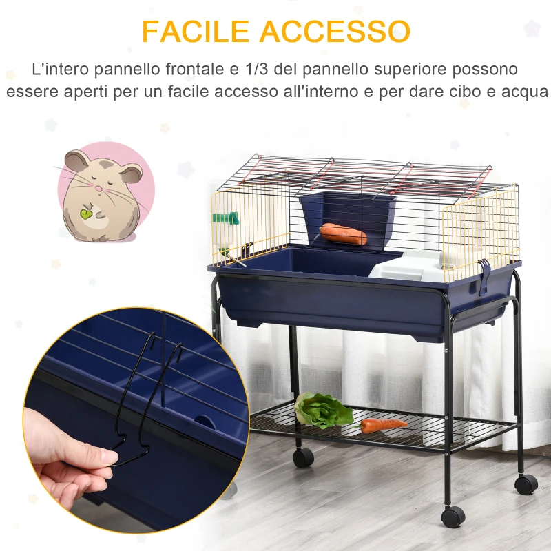 PawHut Gabbia per Conigli Porcellini d'India e Piccoli Animali con Struttura Rialzata, Ruote Girevoli e Accessori Inclusi 78x44x91cm