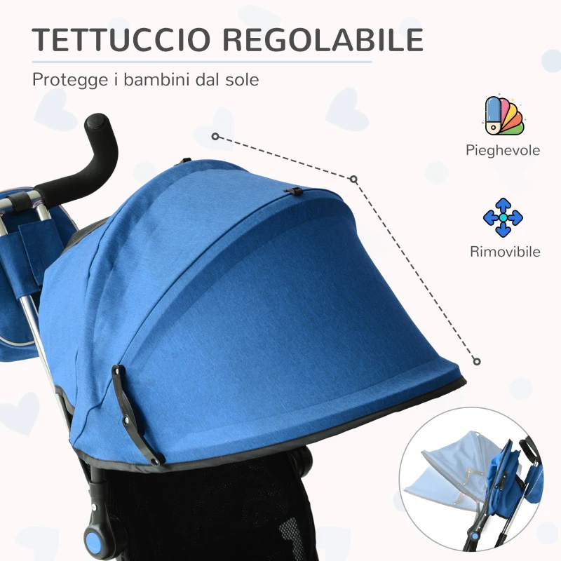 HOMCOM Triciclo per Bambini con Maniglione Tettuccio Deluxe Struttura Metallo 102 x 49 x 102cm Nero Blu