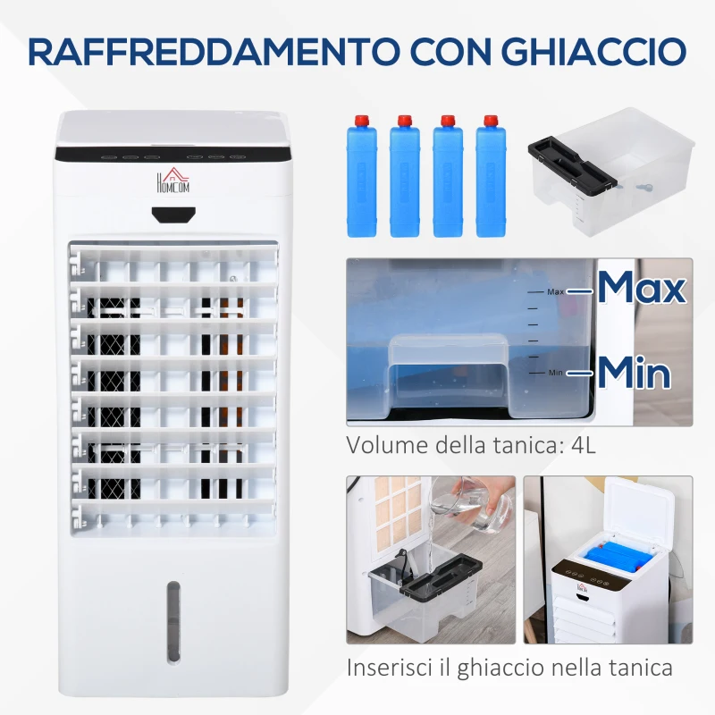 HOMCOM Raffrescatore Evaporativo con Telecomando e Serbatoio 4L, Ventilatore con Ghiaccio 9 Funzioni Timer 7.5h e Oscillazione, 75W, Bianco