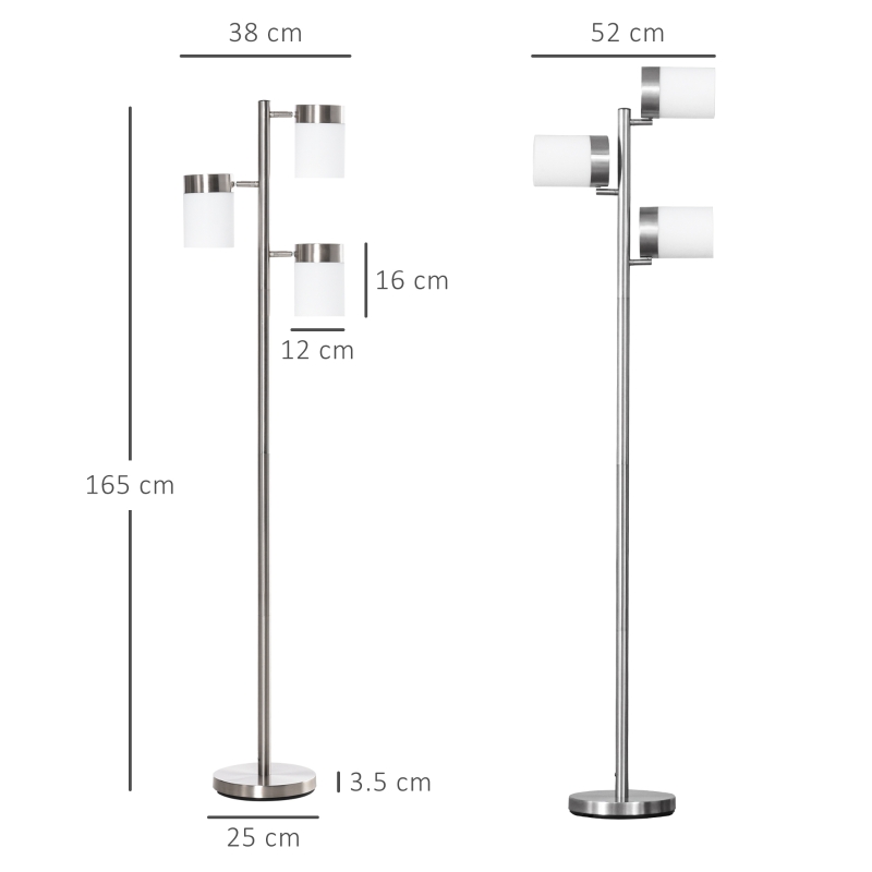 HOMCOM Lampada da Terra Moderna con 3 Paralumi Regolabili in Vetro, Piantana da Terra Design in Metallo, 38-52x25x165cm, Argento