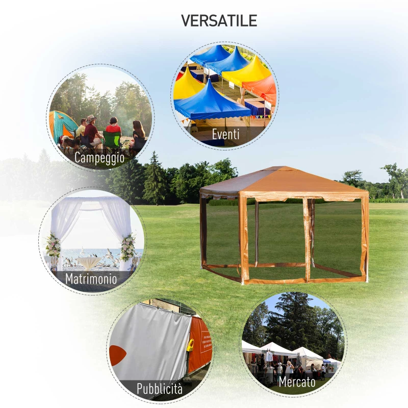Outsunny Tenda Gazebo da Giardino Pieghevole con Zanzariera, Struttura in Metallo Copertura PE, 395x295cm, Marrone