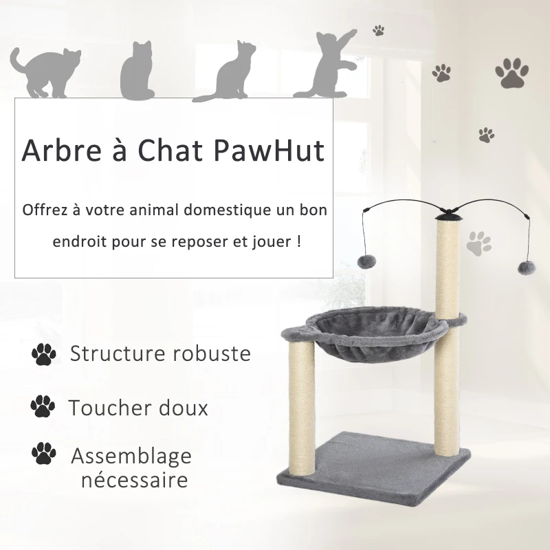 PawHut Arbre à chat 2 griffoirs grattoirs sisal naturel hamac jeu 2 boules suspendues peluche haute densité 400 g/m² gris