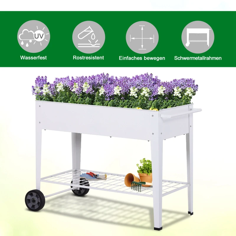 Outsunny verhoogd bed mobiele plantenwagen met opbergruimte plantenbed 2 wielen metaal wit