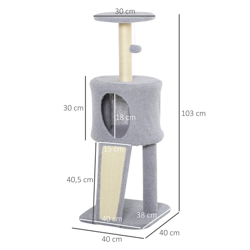 PawHut Tiragraffi a Colonna per Gatti con 3 Livelli Cuccia e Corda Sisal Grigio