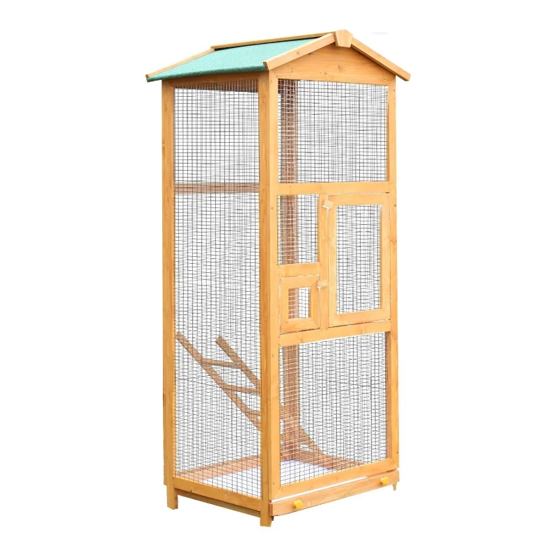 PawHut Gabbia per Uccellini da Esterno in Legno di Pino, Voliera con 2 Aperture e Scaletta, 68x63x165cm
