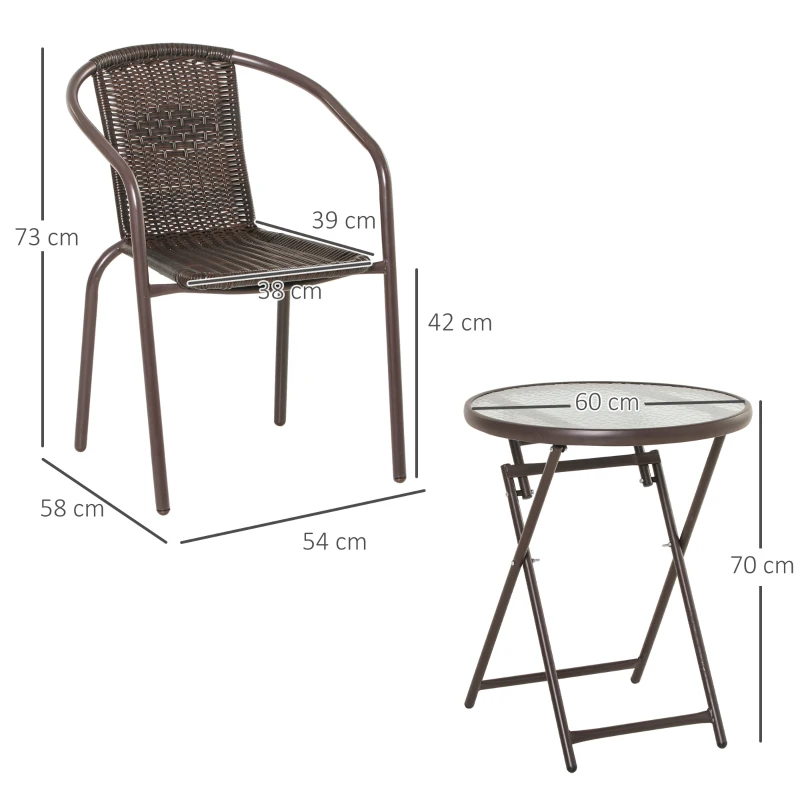 Outsunny Set Tavolo Pieghevole e 2 Sedie da Giardino in Acciaio e Rattan PE, Arredamento da Esterno da 3 Pezzi Marrone
