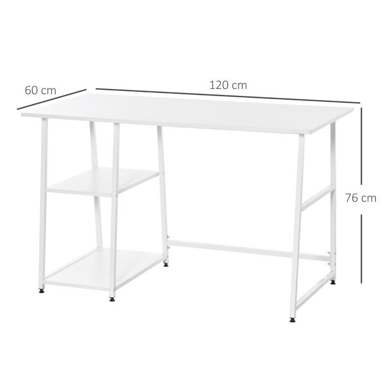 HOMCOM Scrivania Moderna per Camera e Ufficio con 2 Ripiani Laterali, Scrivania Porta PC in Legno e Acciaio, 120x60x76cm, Bianco