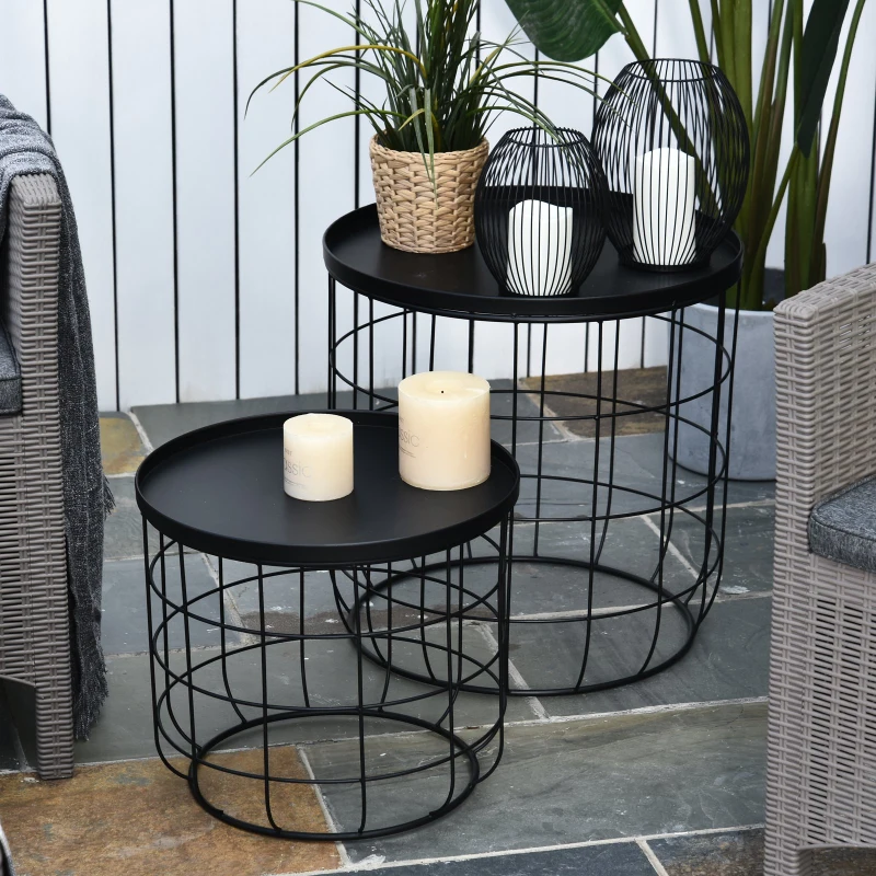 Outsunny Set 2 Pezzi Tavolini da Caffè, Tavolino Contenitore per Soggiorno in Metallo Nero, Φ50x50cm & Φ41.5x35.5cm