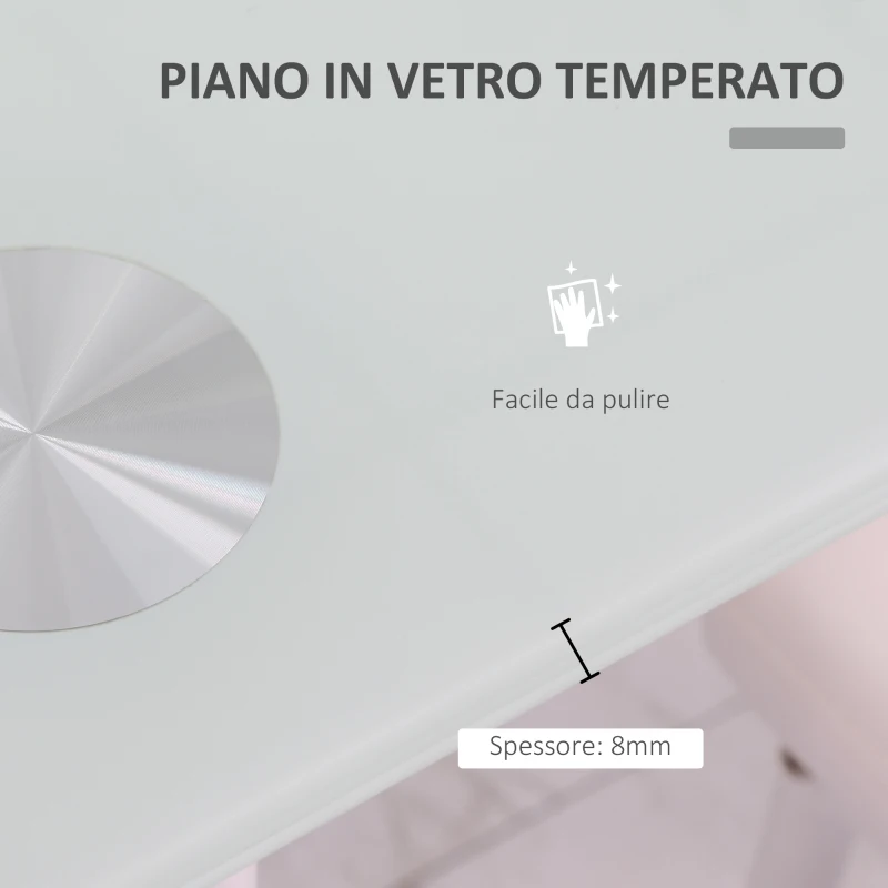 HOMCOM Tavolo Rettangolare Moderno da Cucina e Soggiorno, Gambe Rotonde in Metallo e Piano in Vetro Temperato, 120x60x75cm, Bianco