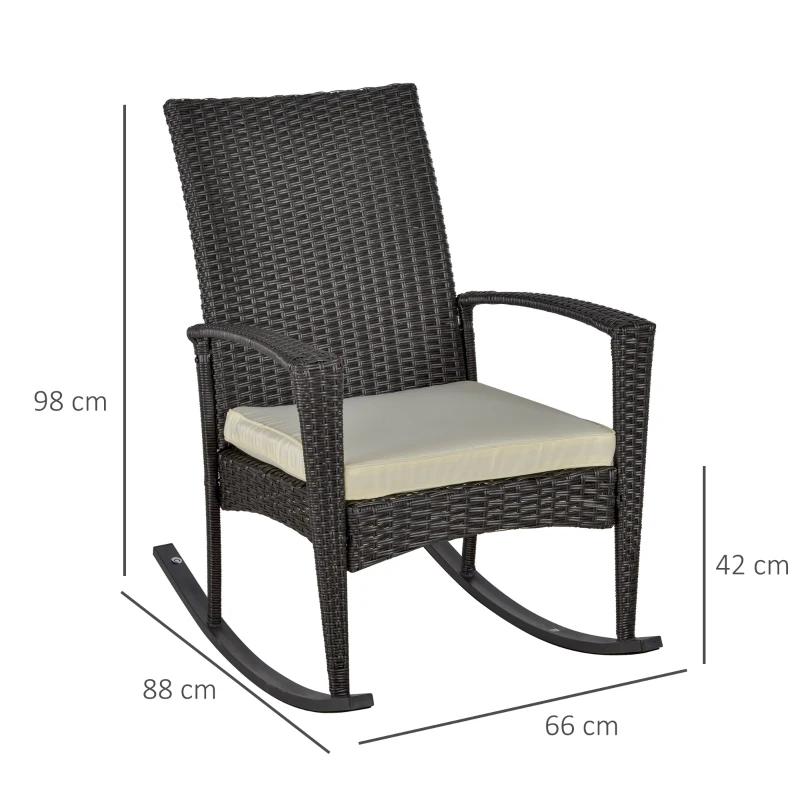 Outsunny Sedia a Dondolo da Giardino in Rattan PE con Cuscino e Braccioli per Arredamento da Esterno 66x88x98cm Marrone