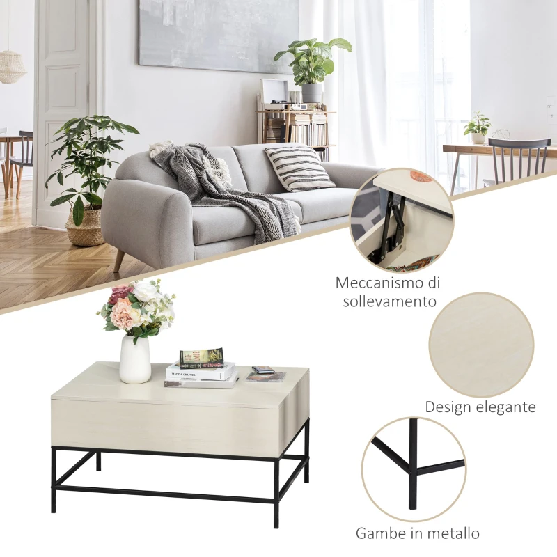 HOMCOM Tavolino Sollevabile da Salotto, Tavolo da Caffè in Legno con Piano Alzabile e Vano Contenitore, 90x60.5x45.5cm