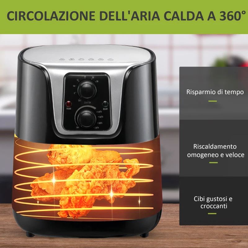 HOMCOM Friggitrice ad Aria Calda Temperatura Regolabile da 80-200°C, 1300W, Friggitrice Senza Olio da 4L con Timer 30 minuti, Spegnimento Automatico, Nero