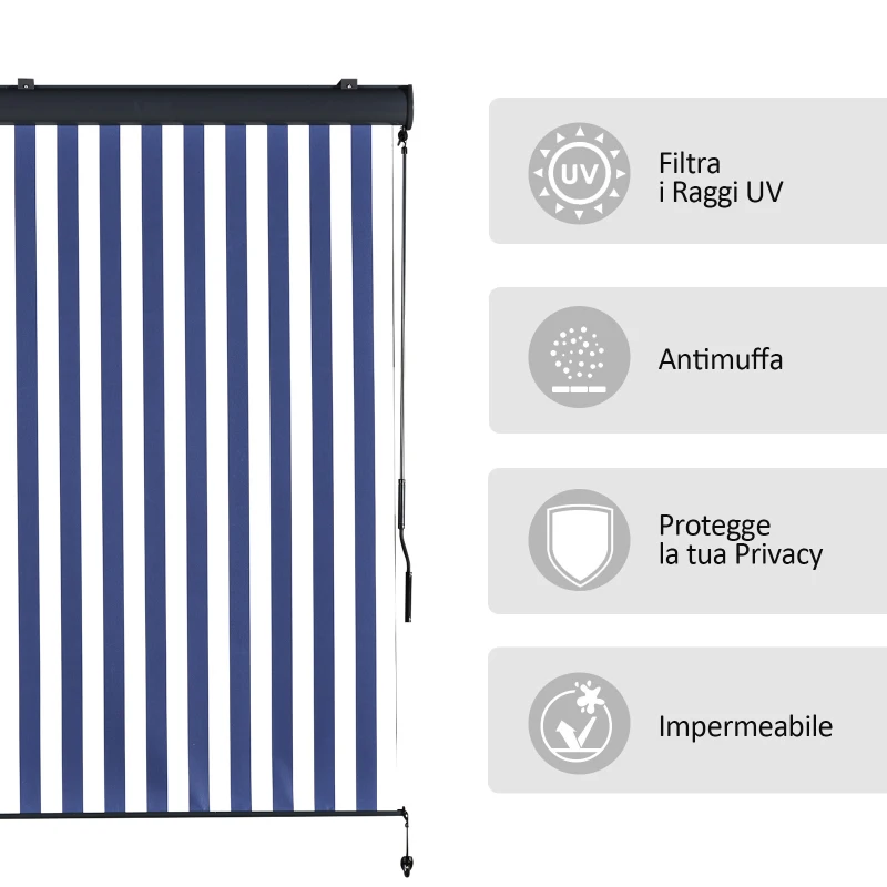 Outsunny Tenda Avvolgibile a Rullo da Esterno, Impermeabile, Funzionamento Manovella, Grigia Bianca e Blu 140 x 200 cm