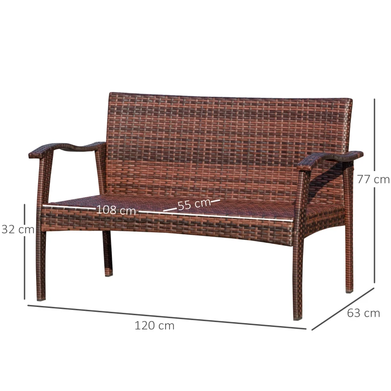 Outsunny Divano da Esterno 2 Posti in Rattan PE, Panchina da Giardino con Cuscini e Braccioli, 120x63x77cm Marrone