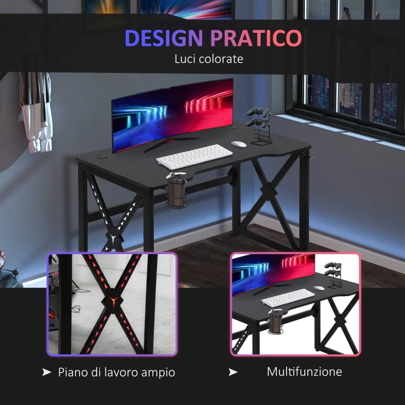 HOMCOM Scrivania da Gaming con Luci a LED di 20 Colori, Scrivania per Computer Porta PC con Portabicchieri e Gancio Cuffie, 120x60x73cm, Nera