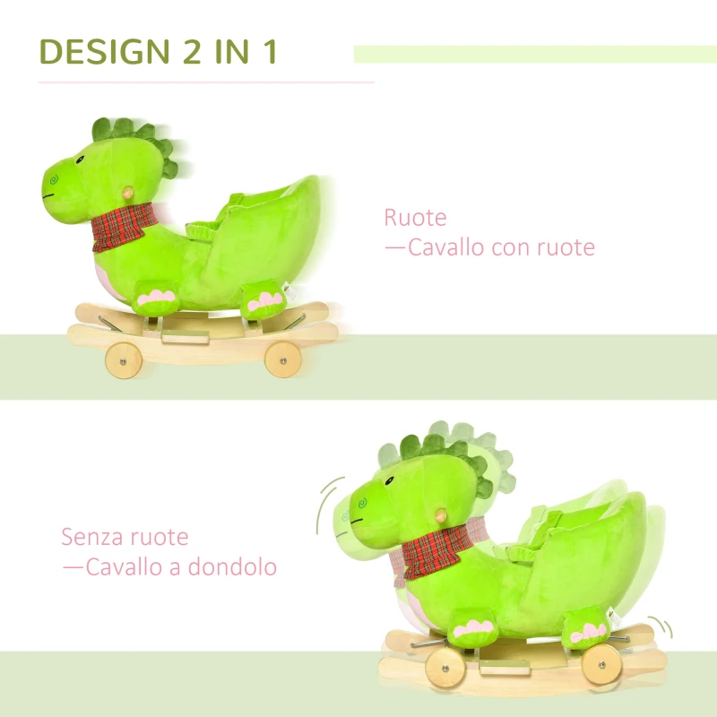 HOMCOM Cavallo a Dondolo con Ruote, Cavalluccio a Dondolo a Forma di Drago per Bambini 18-36 Mesi, in Legno e Peluche Verde