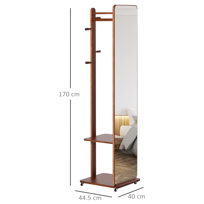 HOMCOM Specchio da Terra con Appendiabiti, Mensole e Ruote, Sistema Antiribaltamento, MDF e Legno, 40x44.5x170cm, Noce