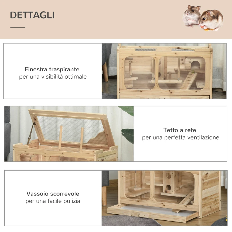 PawHut Gabbia per Criceti in Legno di Abete con Giochi e Casette, Parete in Vetro e Tetto Apribile, 78x40x44cm Colore Naturale