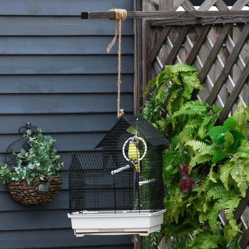 PawHut Gabbia per Uccelli in Metallo con Maniglia, Vassoio Estraibile, Pioli e Altalena in Plastica, 39x34x47cm