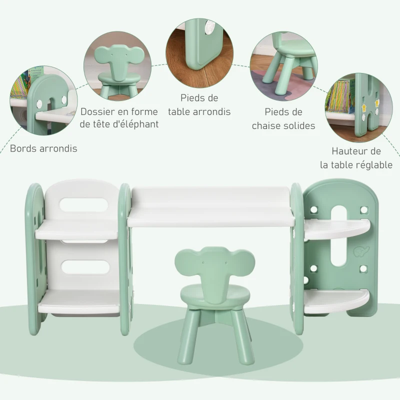 HOMCOM Ensemble bureau, chaise et bibliothèque 4 étagères pour enfant - hauteur étagères réglable - HDPE vert d'eau blanc