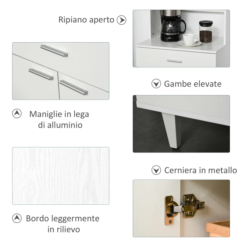 HOMCOM Credenza Alta da Cucina, Madia Classica Bianca in Legno con 2 Armadietti e 1 Mensola, Bianco, 60x40x160cm