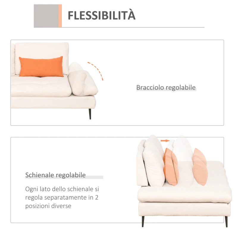 HOMCOM Divano Letto Singolo a 2 Posti in Tessuto, Profondità della Seduta Regolabile e Braccioli, 213x112x83cm, Beige