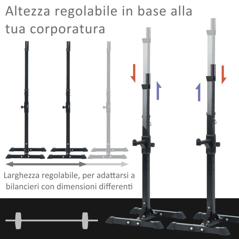 HOMCOM Rack Palestra Regolabile in Altezza su 12 Livelli, Rack Squat in Acciaio, Supporto Bilanciere Max 150KG, 52x48x108-163 cm, Nero
