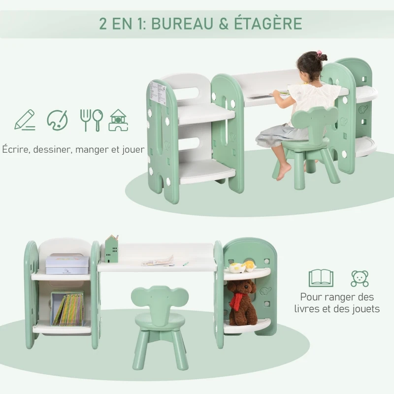 HOMCOM Ensemble bureau, chaise et bibliothèque 4 étagères pour enfant - hauteur étagères réglable - HDPE vert d'eau blanc