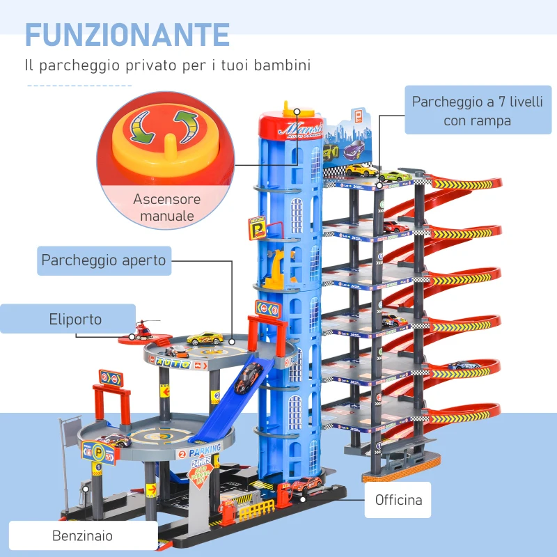 HOMCOM Garage Giocattolo a 7 Livelli con Rampe, Ascensore ed Eliporto, Elicottero e Macchinine Incluse, 92x46x71cm, Multicolore