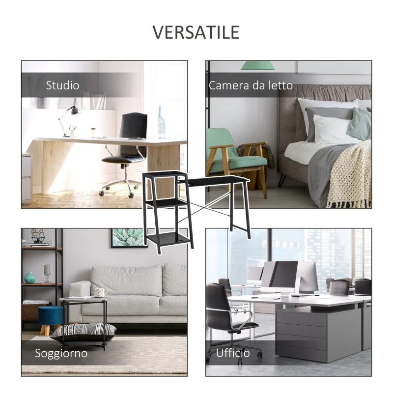 HOMCOM Scrivania per Camera e Ufficio con Scaffale 3 Ripiani, Scrivania Moderna in Vetro e Metallo, 126x45x86.7cm, Nero