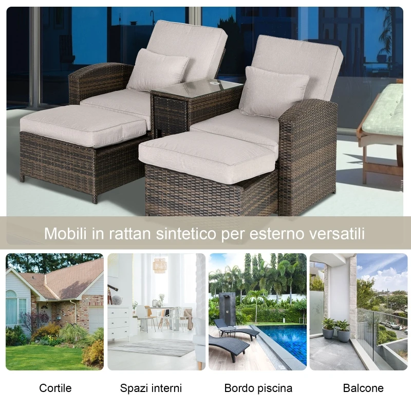Outsunny Set 2 Sedie Sdraio da Giardino Reclinabili con Tavolino, Lettino Prendisole Imbottito in Rattan Sintetico, Marrone e Khaki, 165x75x96cm
