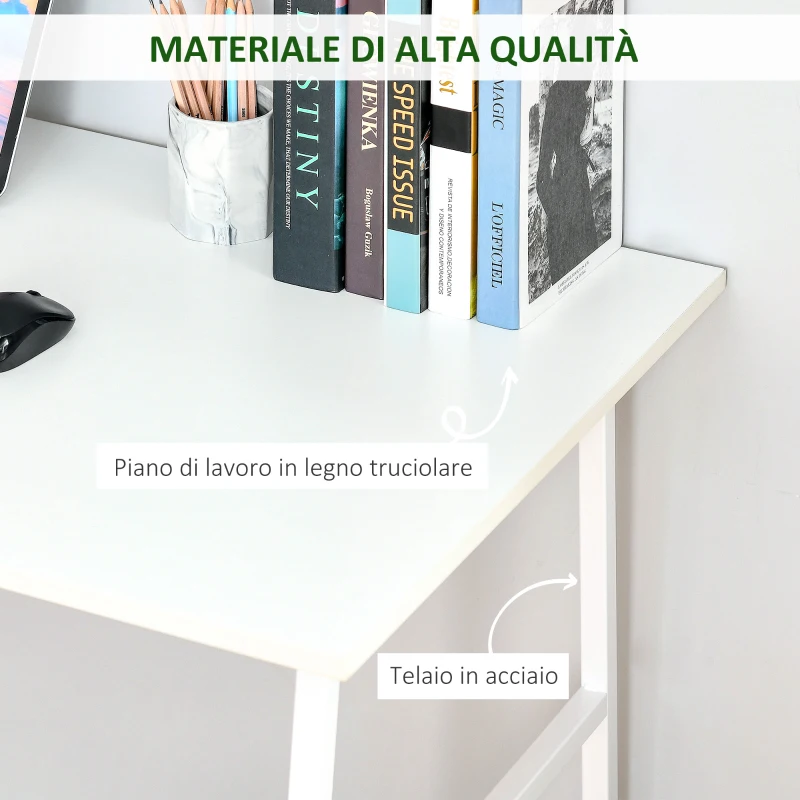 HOMCOM Scrivania Moderna per Camera e Ufficio con 2 Ripiani Laterali, Scrivania Porta PC in Legno e Acciaio, 120x60x76cm, Bianco