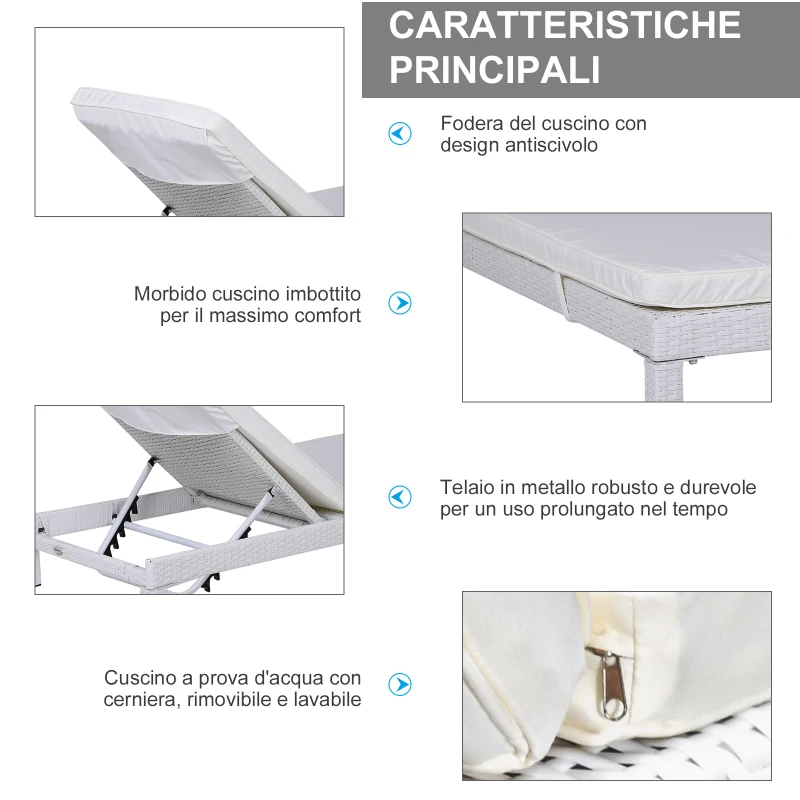 Outsunny Set 2 Sdraio da Giardino Cuscino Imbottito Regolabile su 6 Livelli in Rattan 196 x 65 x 22 cm, Bianco