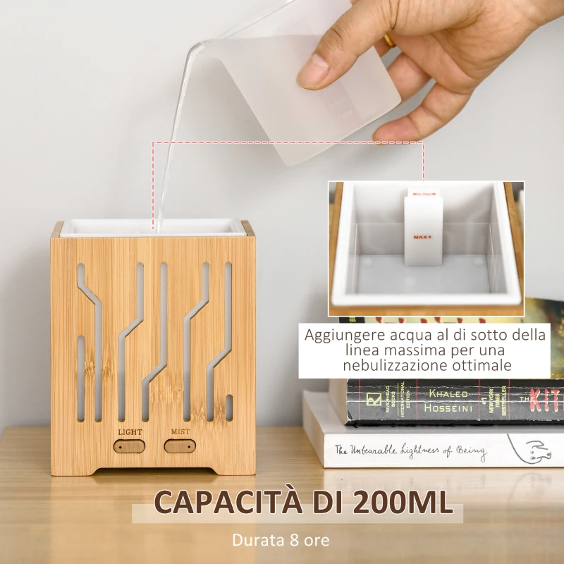 HOMCOM Diffusore di Aromi Oli Essenziali per Ambienti Fino a 15-18㎡, Vaporizzatore a 2 Modalità con 7 Luci Colorate, Bambù 200Ml