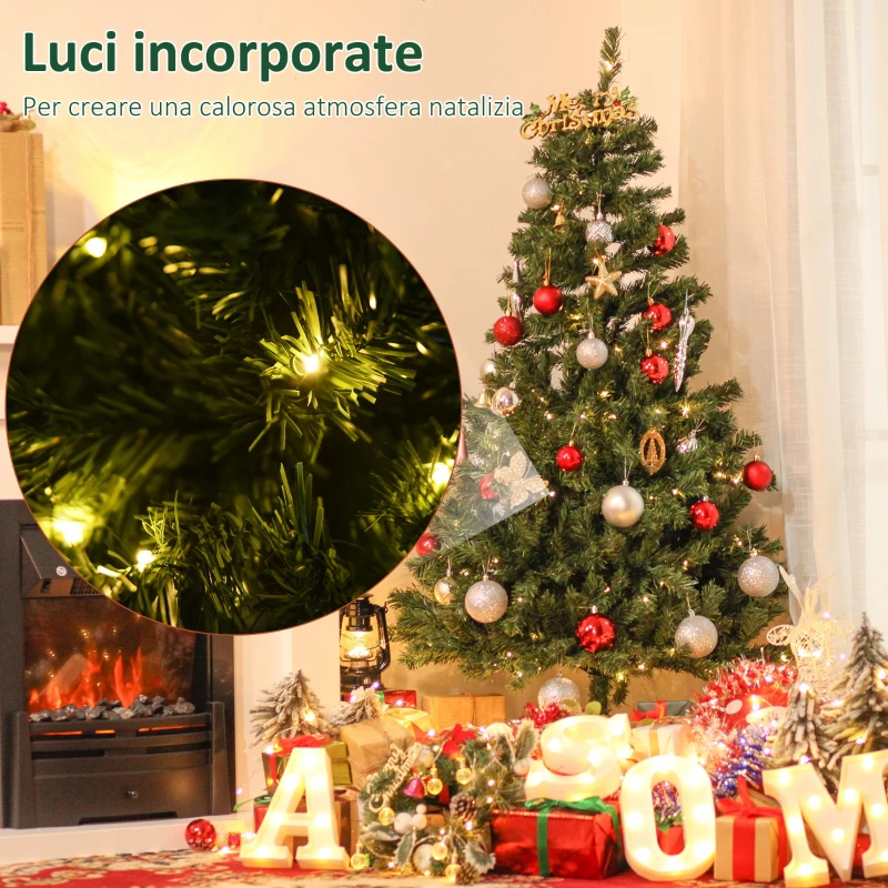HOMCOM Albero di Natale Artificiale da 150cm con 490 Rami e 170 Luci a LED, Base Pieghevole e Rimovibile