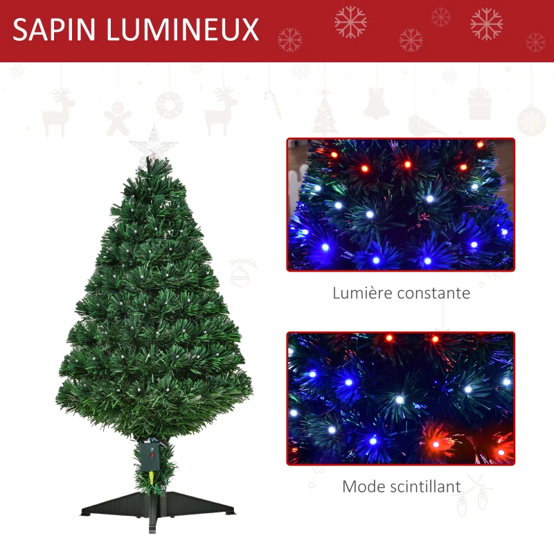 HOMCOM Sapin de Noël Artificiel Lumineux 90 lumières LED Fibres optiques Lumineux Multicolores 90 Branches PVC étoile Sommet Brillante Ø 48 x 90 cm Vert