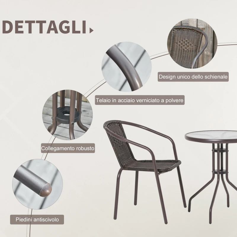 Outsunny Set Tavolo Pieghevole e 2 Sedie da Giardino in Acciaio e Rattan PE, Arredamento da Esterno da 3 Pezzi Marrone