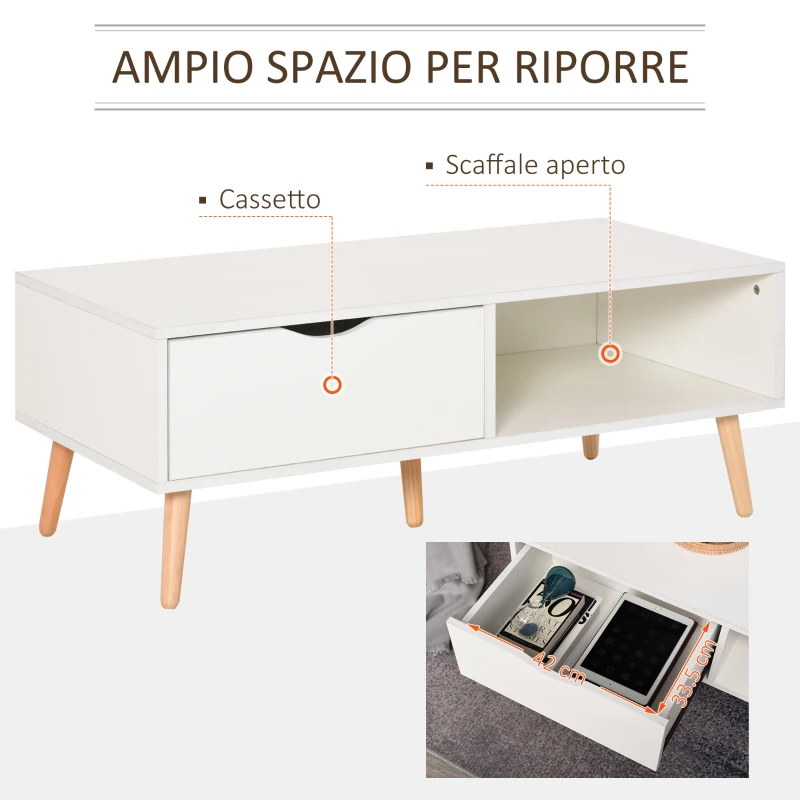 HOMCOM Tavolino da Salotto in Stile Nordico, Tavolino da Caffè in Legno Bianco per Soggiorno con Cassetti e Scaffali, 100x48x44cm