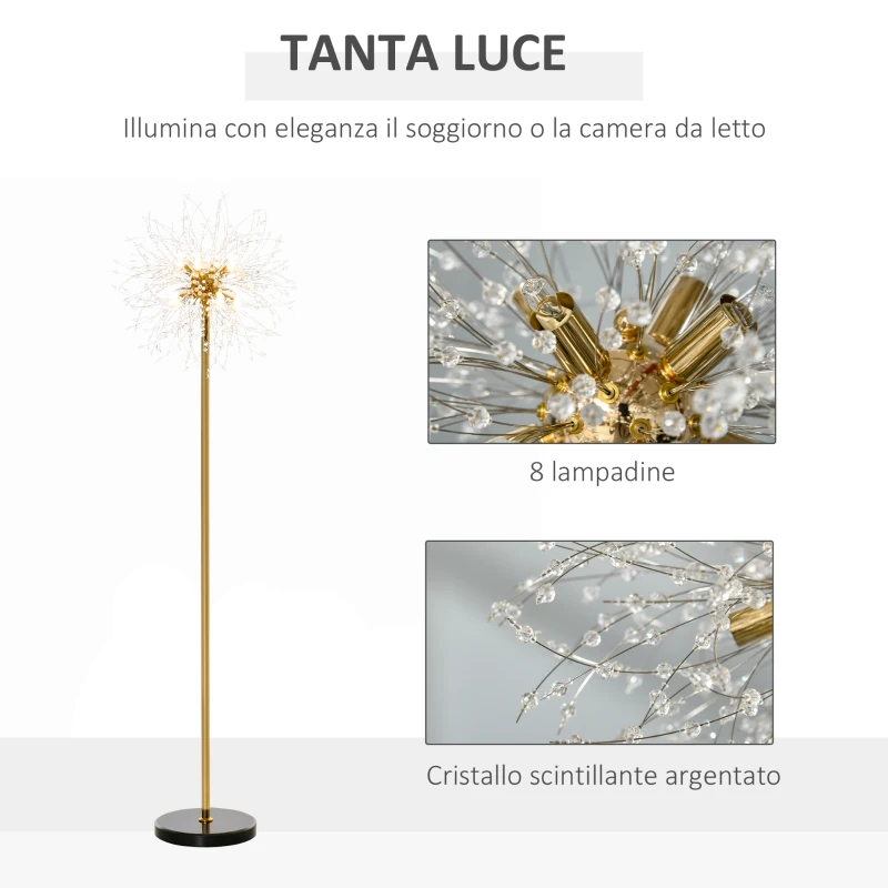 HOMCOM Lampada da Terra Moderna a Stelo con Piantana e Paralume con Cristalli, 8 Punti Luce 40W, Ф40x160cm, Oro e Nero