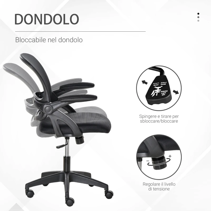 Vinsetto Sedia da Ufficio Ergonomica con Schienale a Rete e Seduta Imbottita, Altezza Regolabile, 65.5x61.5x88-97.5cm, Nero