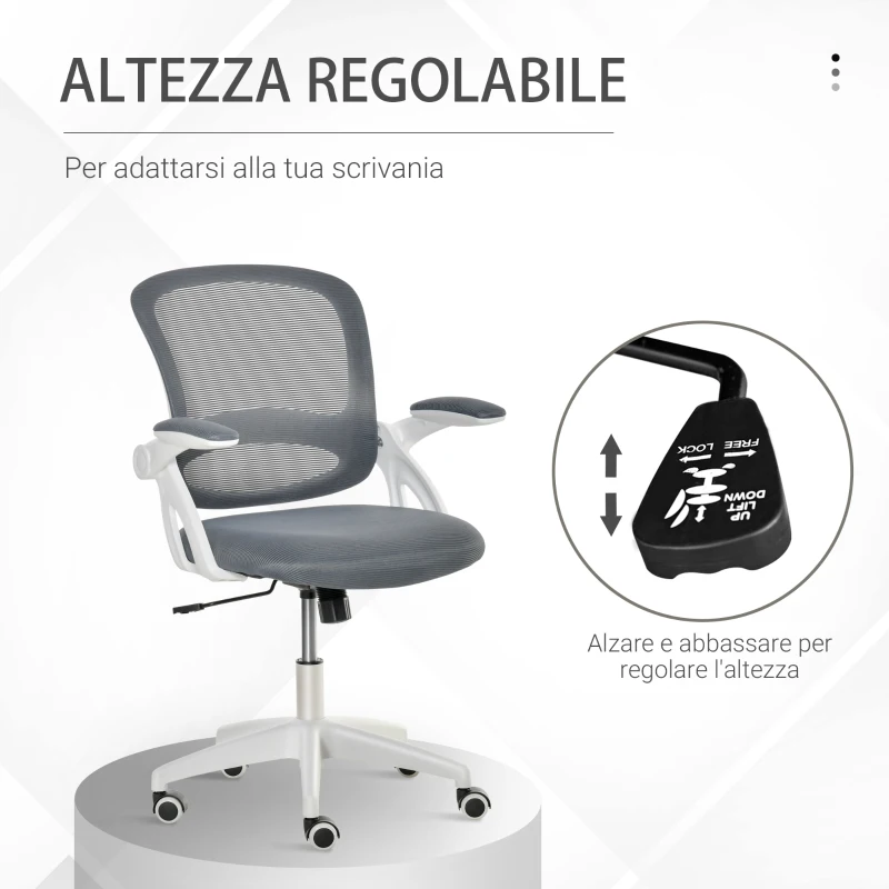 Vinsetto Sedia da Ufficio Ergonomica con Schienale a Rete e Seduta Imbottita, Altezza Regolabile, 65.5x61.5x88-97.5cm, Grigio