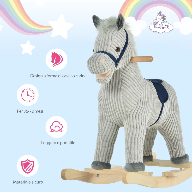 HOMCOM Cavallo a Dondolo per Bambini 3-6 Anni con Suoni in Peluche, 73x35x64cm, Grigio